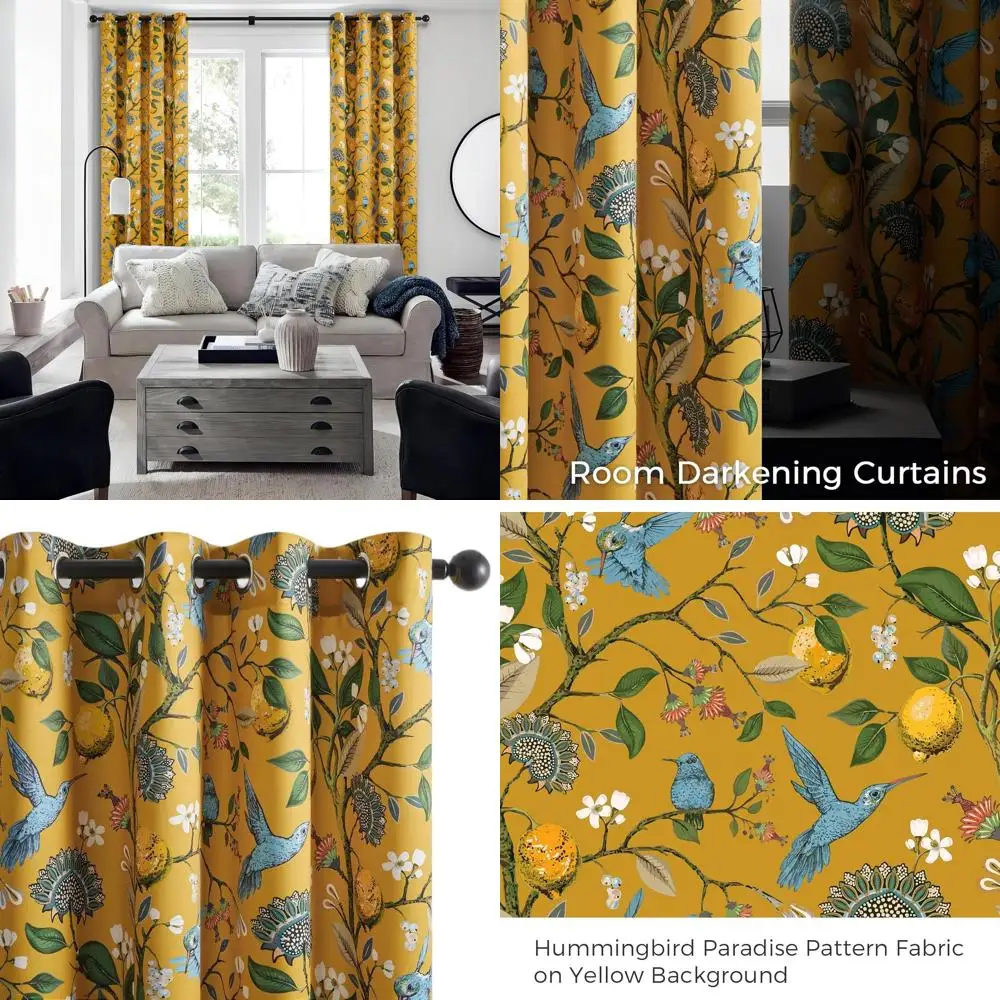 

Роскошные желтые шторы цвета горчицы 120 дюймов, от пола до потолка, винтажные, с цветочным узором и изображением колибри, светонепроницаемые, с люверсами, для гостиной и столовой