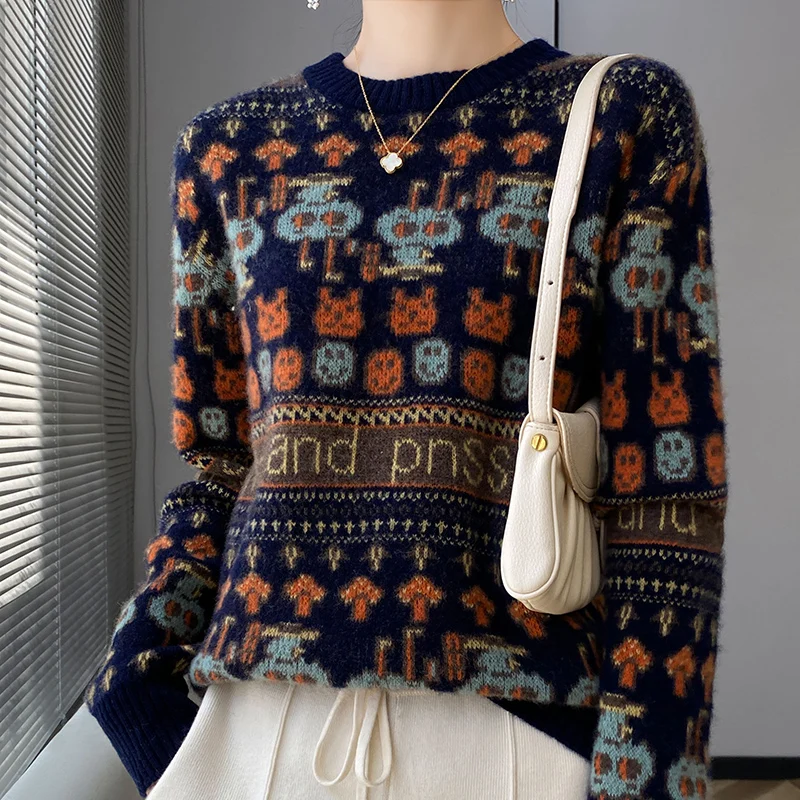 Autumn winter women's wool pullover sweater long sleeved round neck multi-color jacquard sweater basic style high-quality top