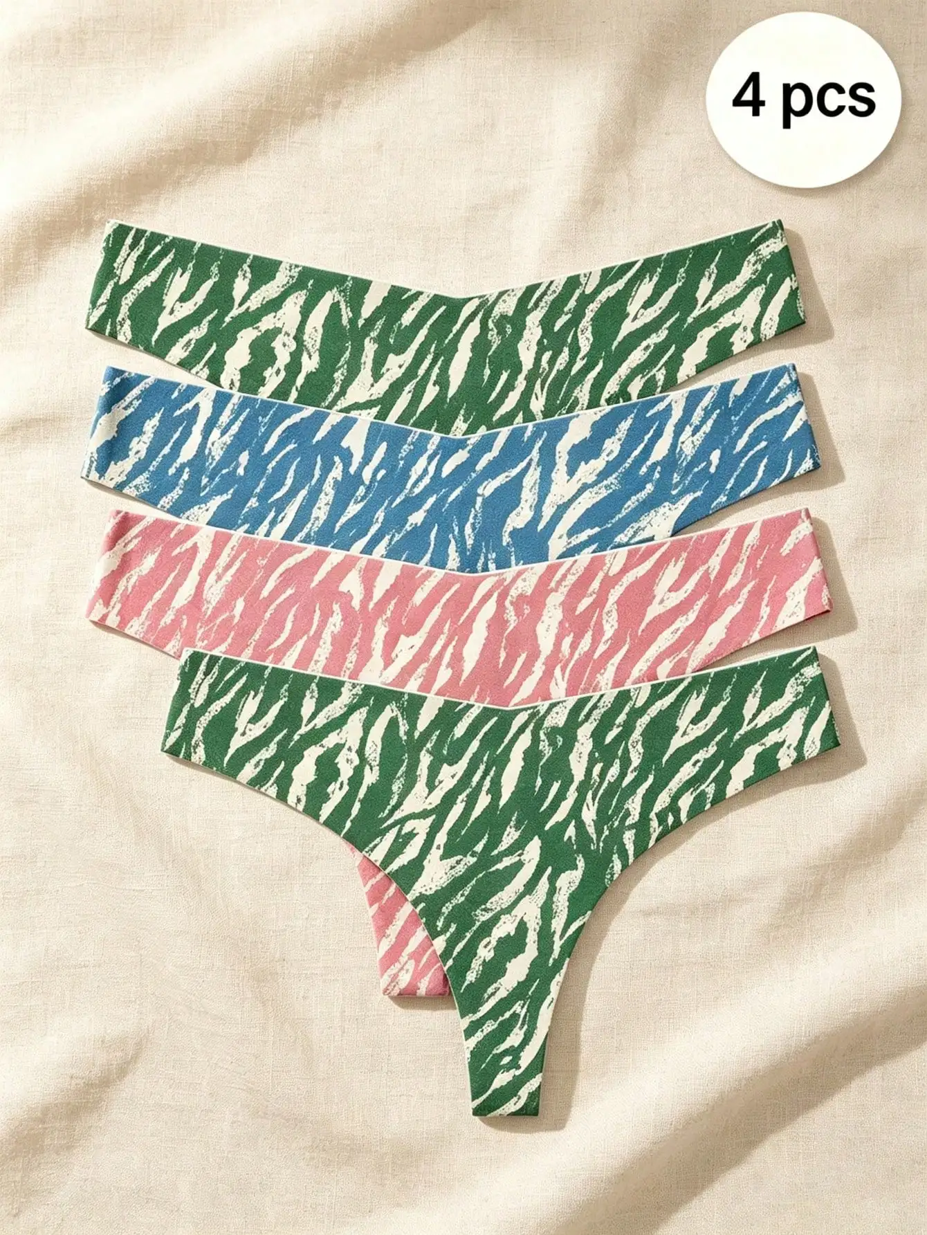 4Pcs Women Vintage Zebra Print Seamless Thongs, Low Rise V-Waist Stretch Soft Breathable No Show Underwear, Casual Daily Sports