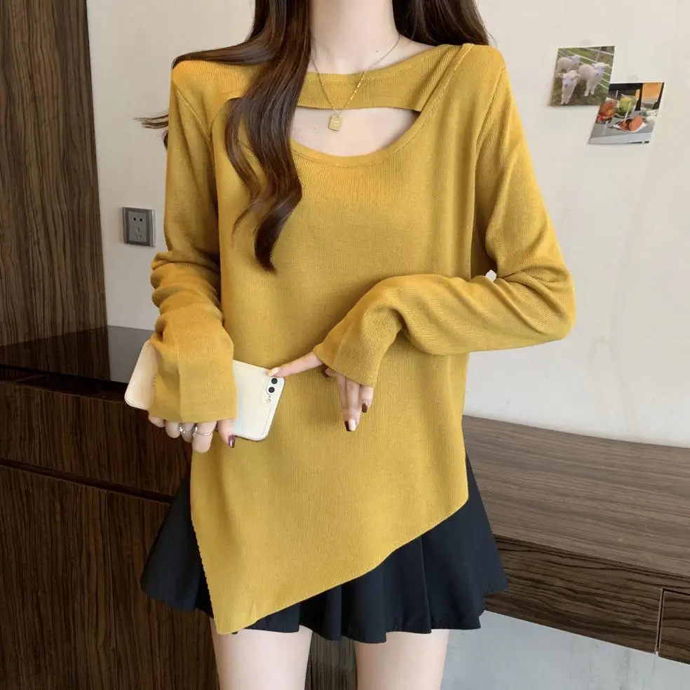 Sexy Hollow Sweet Sweater Women Pullover 2024 Autumn Winter Long Sleeve Round Neck Loose Elegant Fashion Jumper Knitwear Top