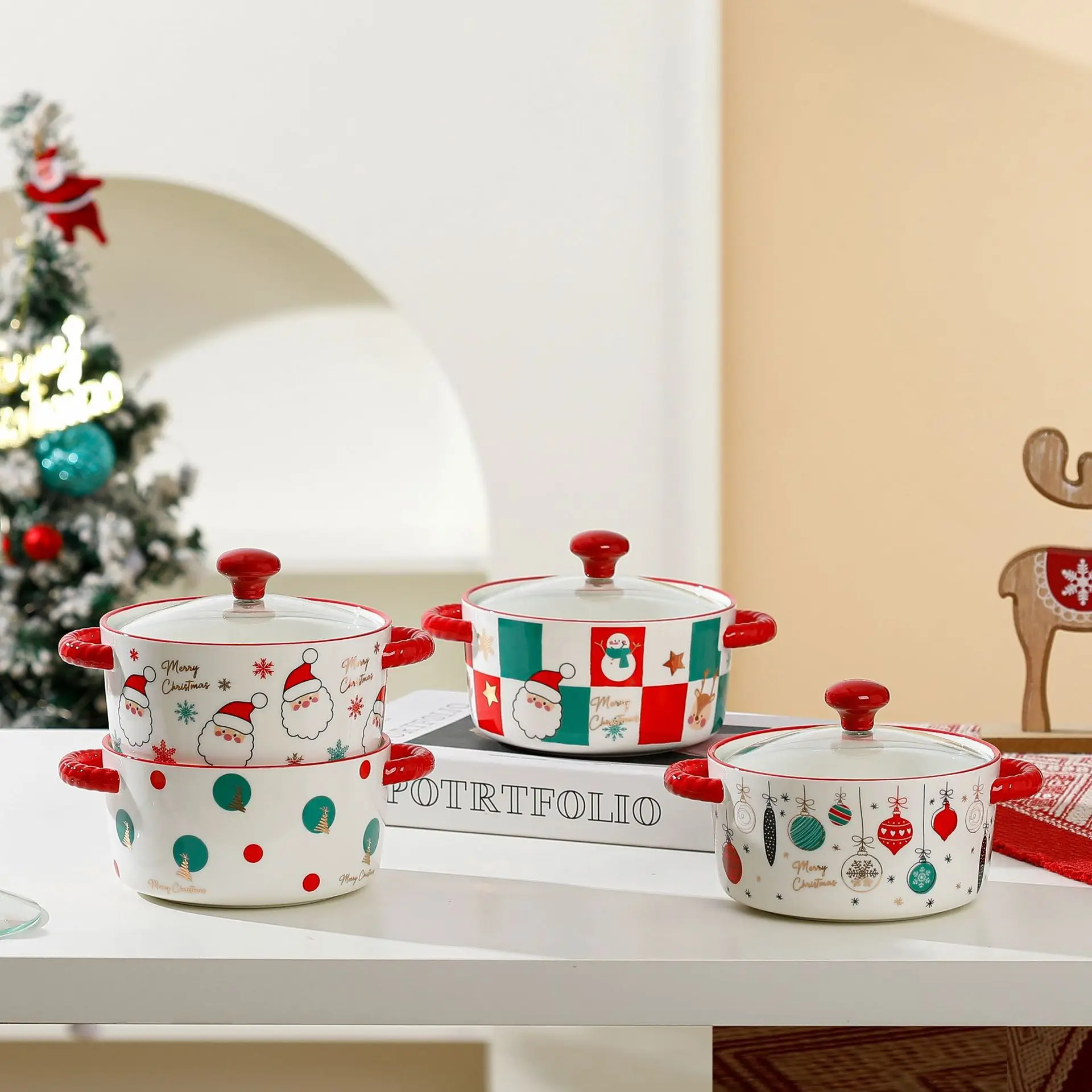 

Christmas Ceramic Tableware Ramen Bowl with Glass Lid Cute Cartoon Ceramic Soup Bowl Dormitory Student Salad Noodle Bowl Gifts