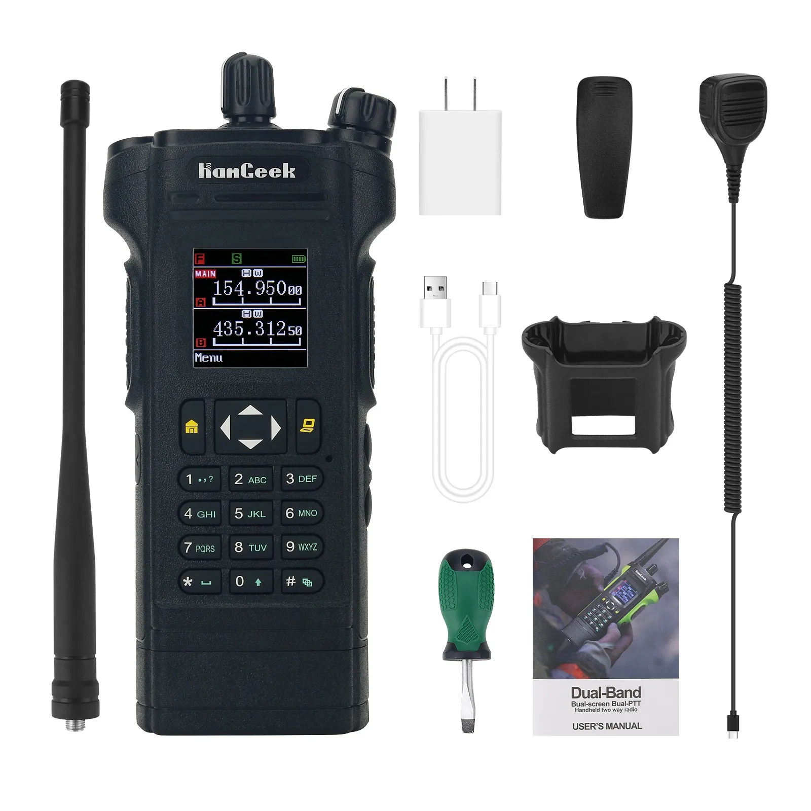 HAMGEEK APX-8000 12W Dual Band SDR Radio Receiver VHF UHF Transceiver Walkie Talkie (Black) Dual PTT With Handheld Microphone