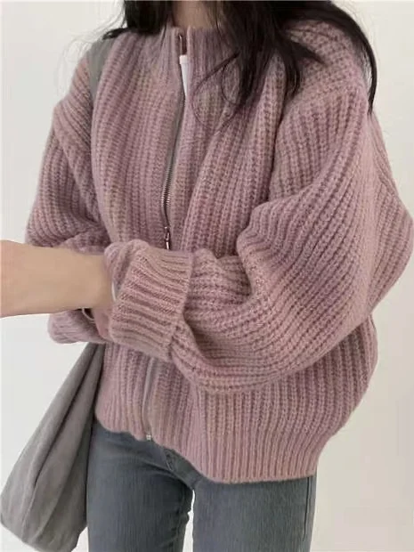 ay Zipper Casual Versatile Korean Hong Sle Knitted Cardigan Long Sve Stand Collar Women's Sweater Commute Sle Autumn...
