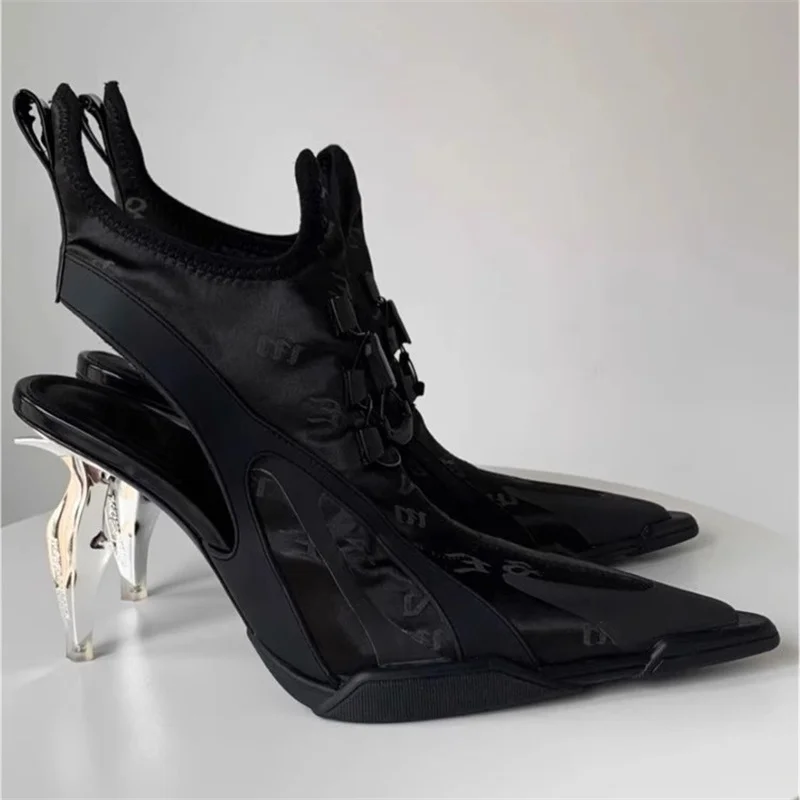 Black Elastic High Heels Women's Punk Style Knife Edge Sandals Combat Boots 2024 Spring New Pointed Toe Hollow Breathable Shoes