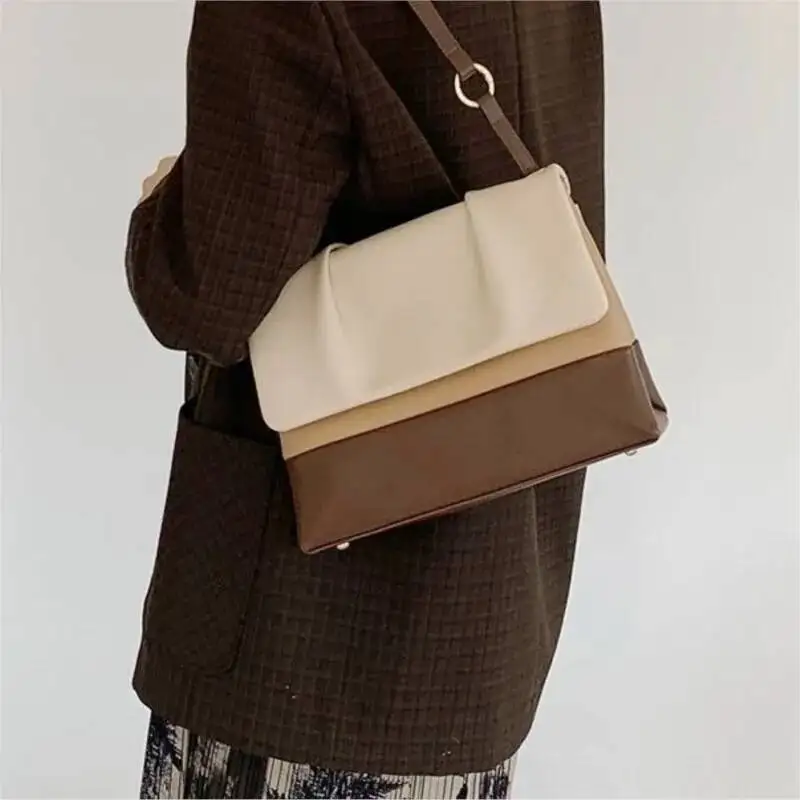 

Retro Colorblock Tote Women Wrinkled Leather Patchwork Large Capacity Shoulder Ladies Premium Commute Crossbody Bag 2025