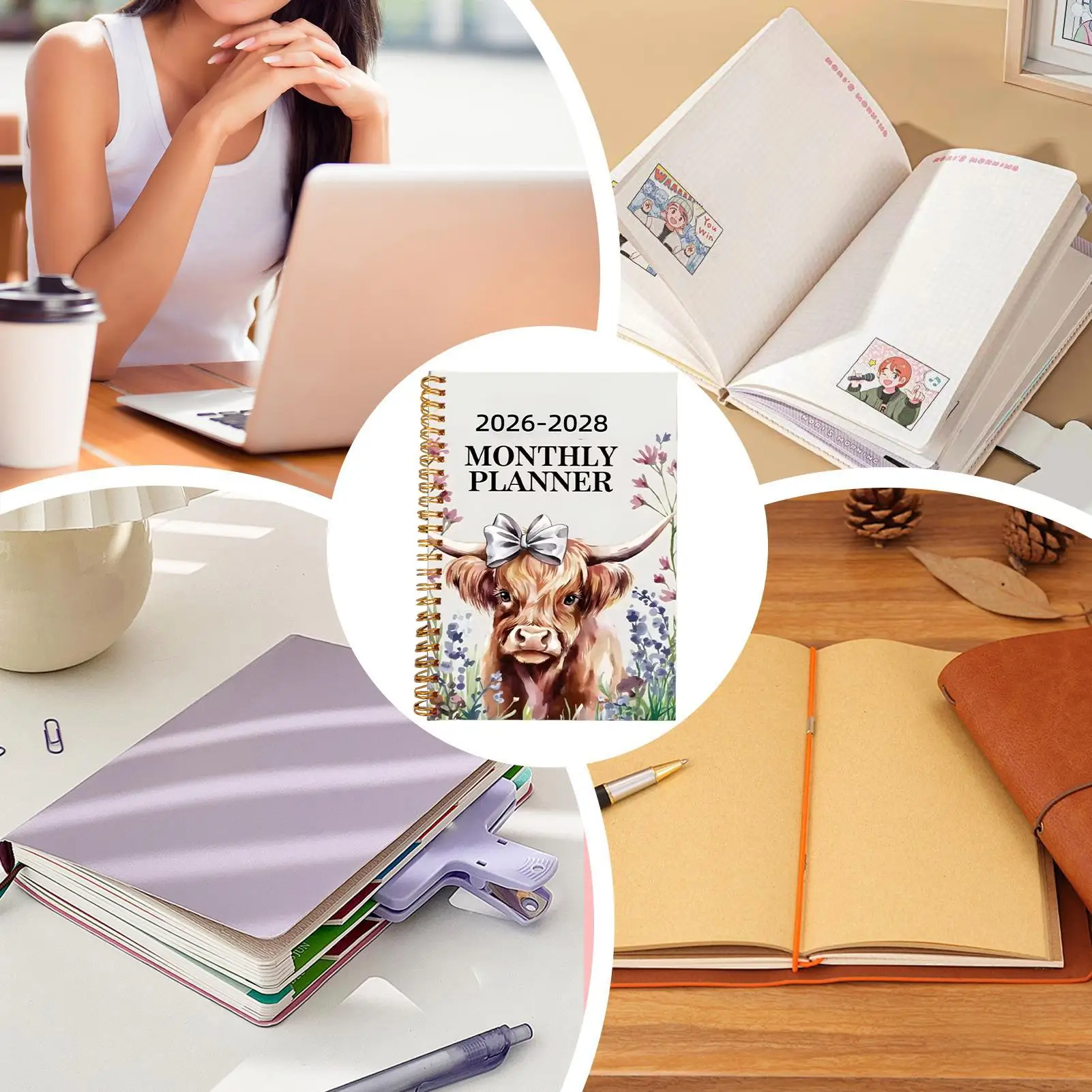 

Дневной планировщик 2026-2028, 50-страничный спиральный переплет, ежедневный блокнот с рисунком крупного рогатого скота, книга для детей, письменный офис, школа, дом