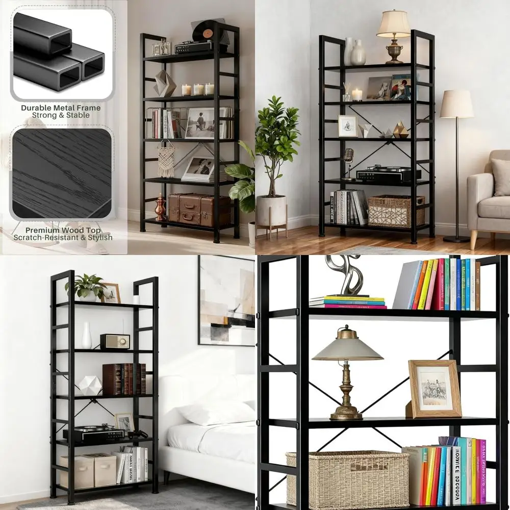 

62.2 High 5-Tier Metal Edge Wooden Bookshelf for Home Office, Living & Bedroom Storage