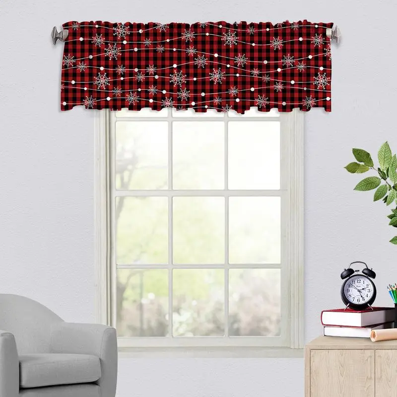 VIKAMA Christmas Window Valance Red Black Plaid Pickup Truck Tree Print Kitchen Curtain Topper For Living Room Bedroom Decor