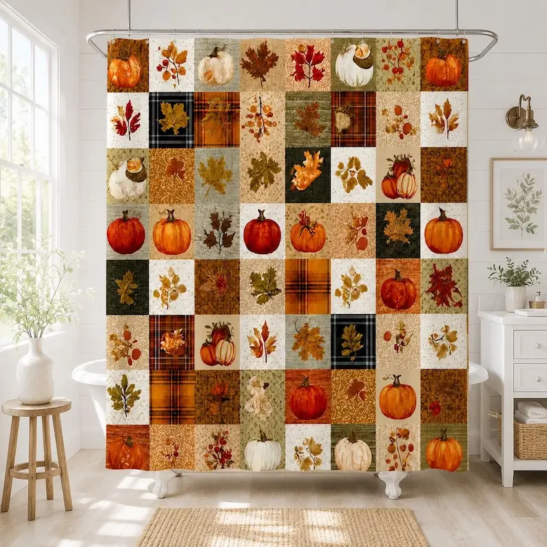 Fall Shower Curtain, Patchwork Pumpkin Maple Leaf Waterproof Bathroom Curtain, Autumn Harvest Farmhouse Thanksgiving Bath Decor for Tub Shower Home