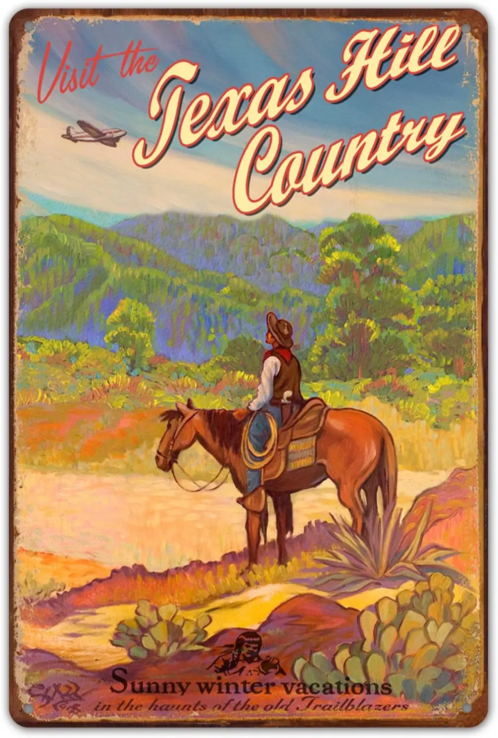 HomDeo Wall Decor Metal Signs Personalized Texas Hill Country Sign, Art, Vintage Old Southwest Wildeness, Retro Cowboy Tin Sign