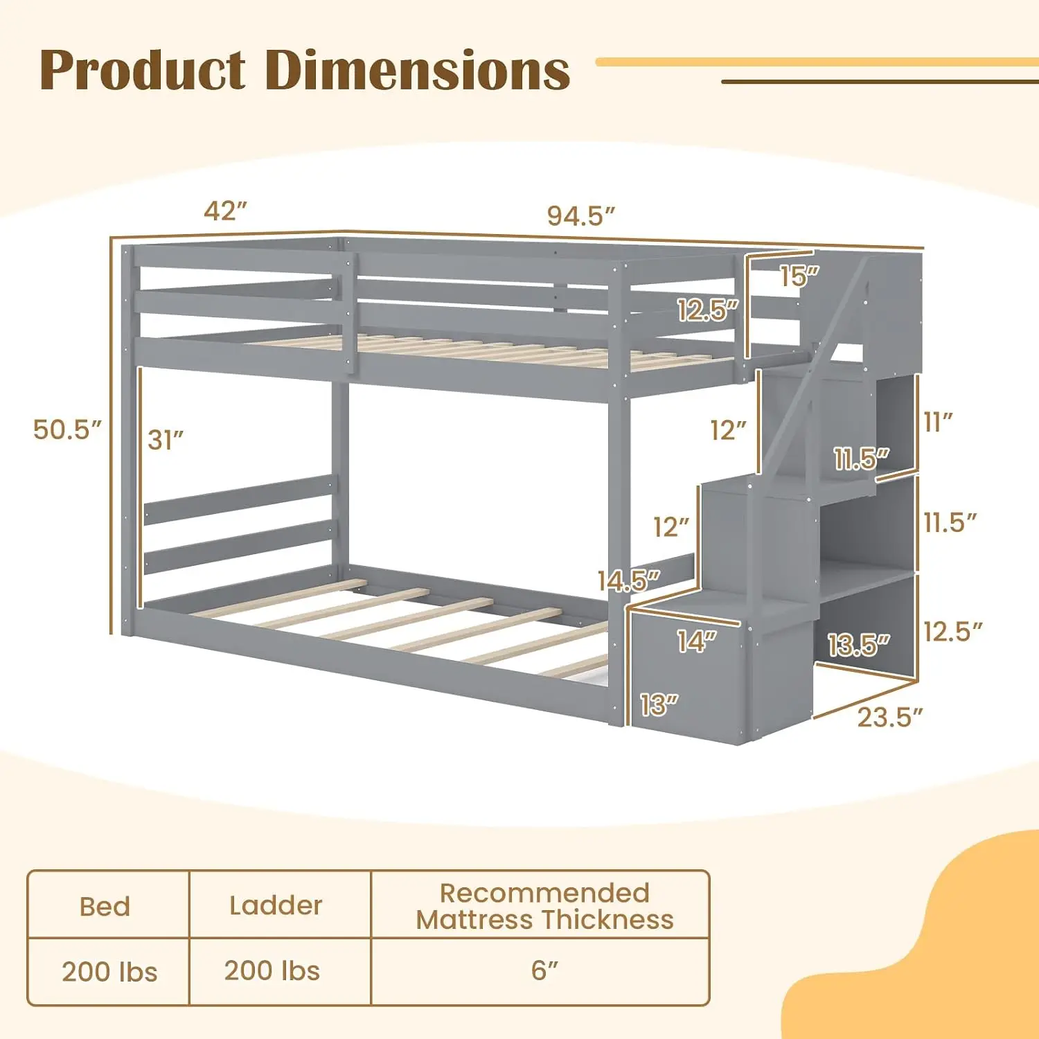Solid Wood Twin Bunk Bed with Storage Stairs & Full Guardrails, Low Profile for Kids Teens Adults Dorm Small Space, Customized