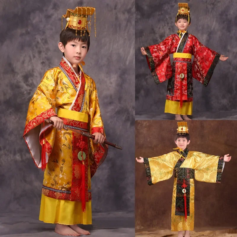 child chinese traditional hanfu dress men boys emperor king Stage red Clothing children costumes tang suit kids robe hat sets