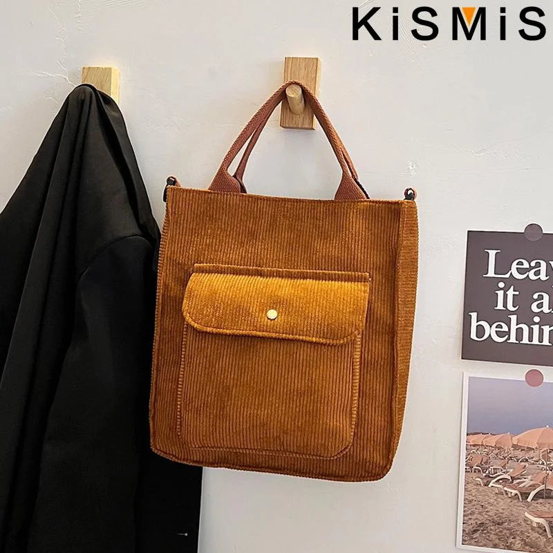 KISMIS 1Pc Women Corduroy Tote Ladies Casual Shoulder Bag Foldable Reusable Shopping Beach Bag Canvas Bags Handbag