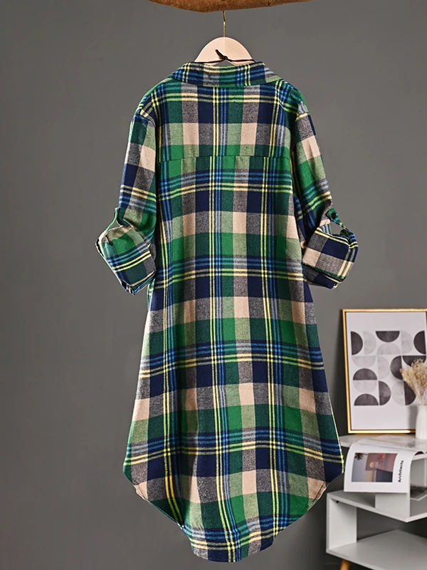 Dames Katoen Linnen irt Long Sve Plaid Bovenkleding Lente Zomer Lichtgewicht Zonwering Middellange Vintage Sle
