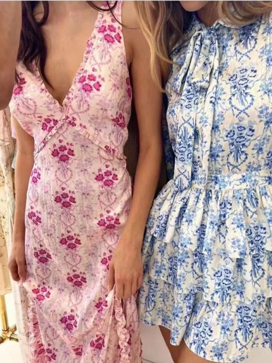 Women Pink Flower Print Midi Dress Ruffles Edge Split V-Neck Sleeveless Lace-up Waist Holiday Slim Robe