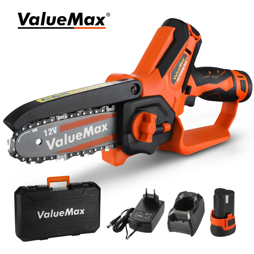 VALUEMAX  12V Electric Chainsaw Portable Mini Pruning Saw Rechargeable Small Wood Spliting Chainsaw Woodworking Tool for Garden