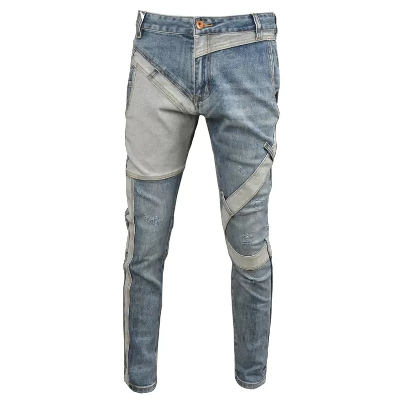 fashion men's patchworky2k jeans retro light blue designer slim fit slit jeans men's patchwork elastic hip-hop pants Hombre