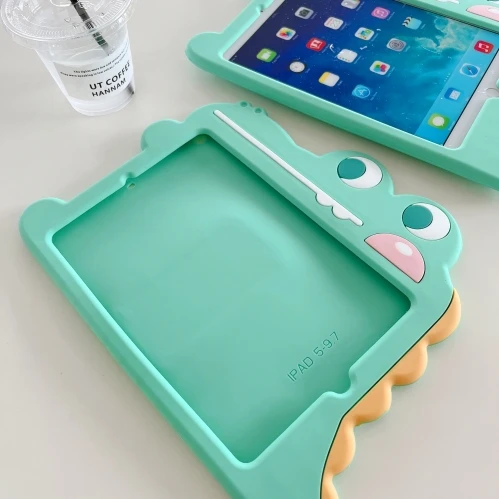 Silicon Stand Handle Case For iPad 10.2 9th 8th 7th Mini 1 2 3 4 5 Pro 9.7 Air1 2 Cute Cartoon Dinosaur Cover Stand Table Case