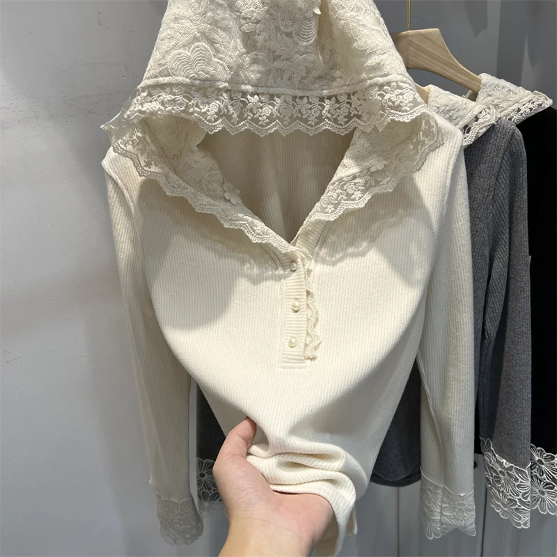 

Кружевная лоскутная толстовка с капюшоном, женская корейская версия с длинными рукавами, пуловер, вязаный свитер, осенний женский облегающий повседневный базовый топ