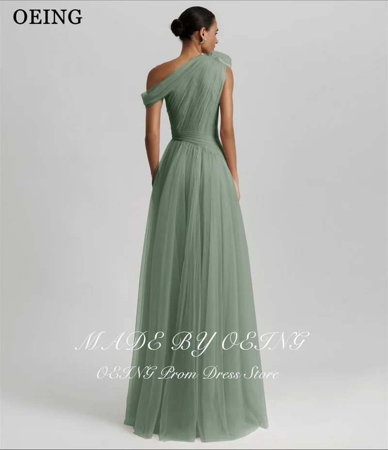 OEING Elegant A-Line Green Prom Dress One Shoulder Side Slit Flower Floor Length Evening Party Dress Gala vestidos Customized