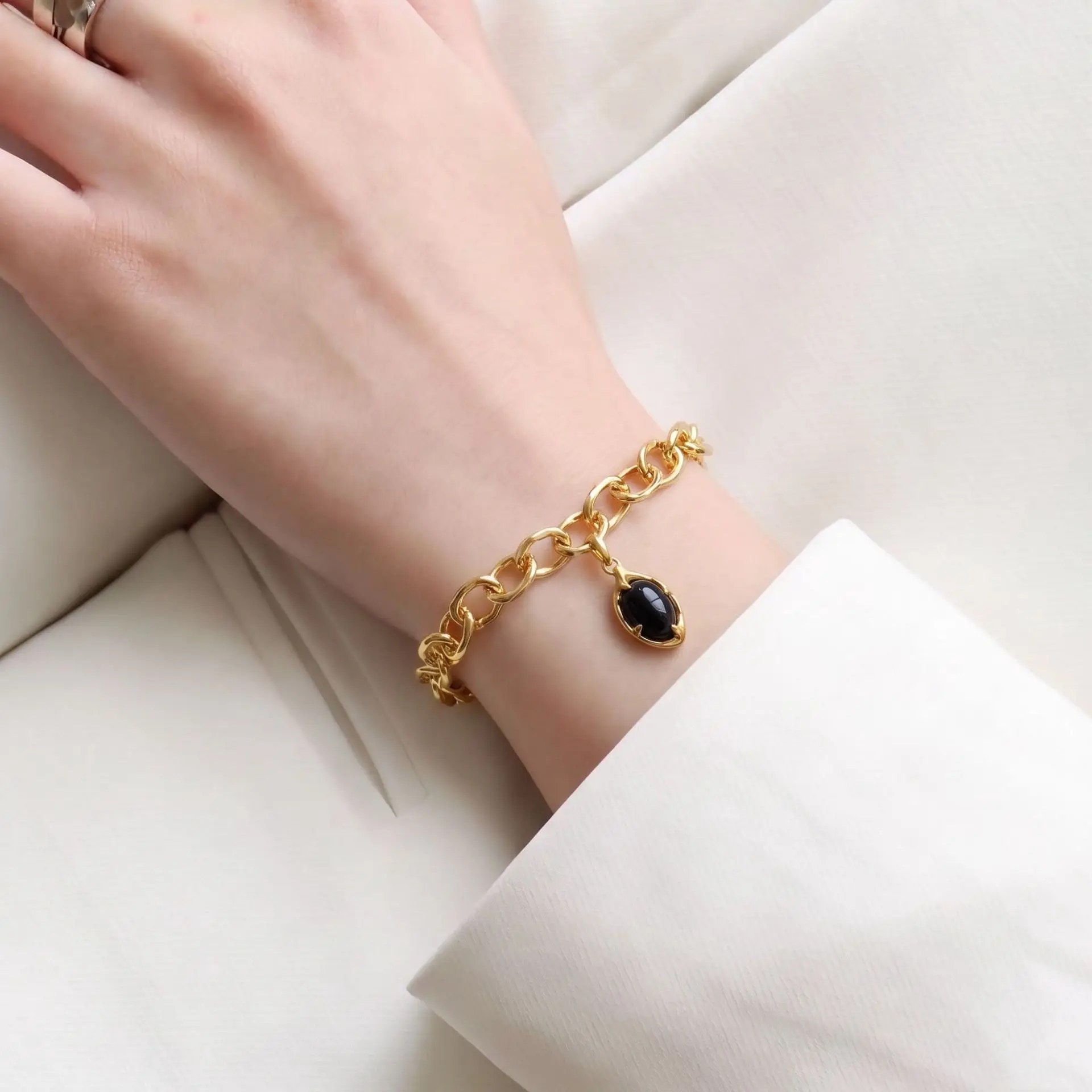 925 Silver Bracelet Thick Cable Chain Punk Oval Pendant Yellow Gold Color For Women Men Fashion Jewelry Gift Dropship Wholesale