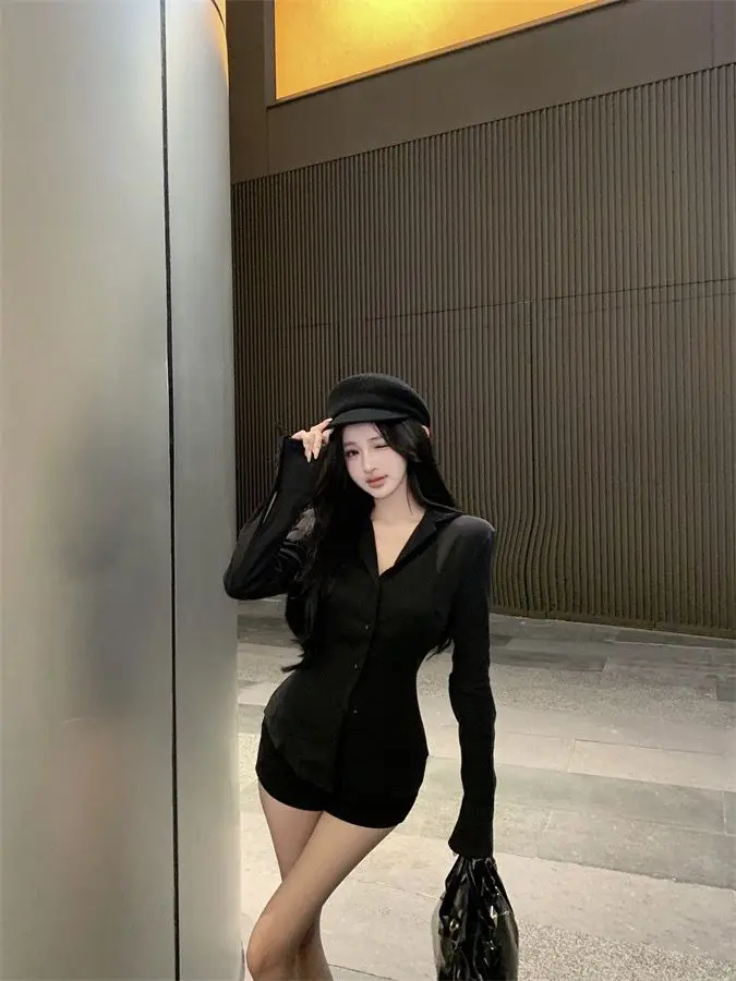 Backless Lace Youthful Fashion Black Long Sleeve Shirt Women V Neck Patchwork Elegant Basic Blouse Lady Office Casual White Top