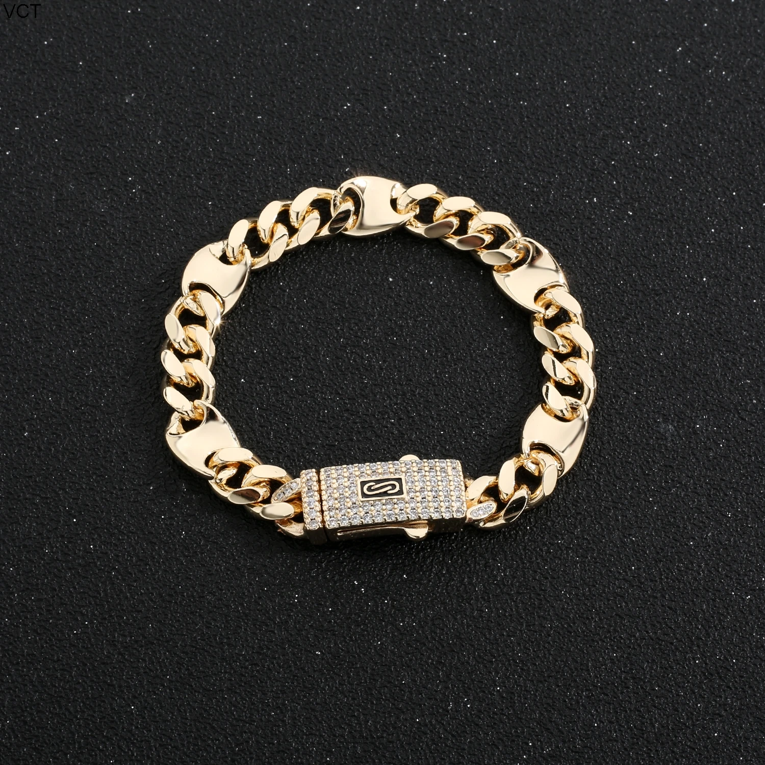 

New Fashion Style 14K Gold Plated Monaco Chain with Turning Pave Lock Monaco Lightweight Cuban 8mm Bracelet Support Wholesale