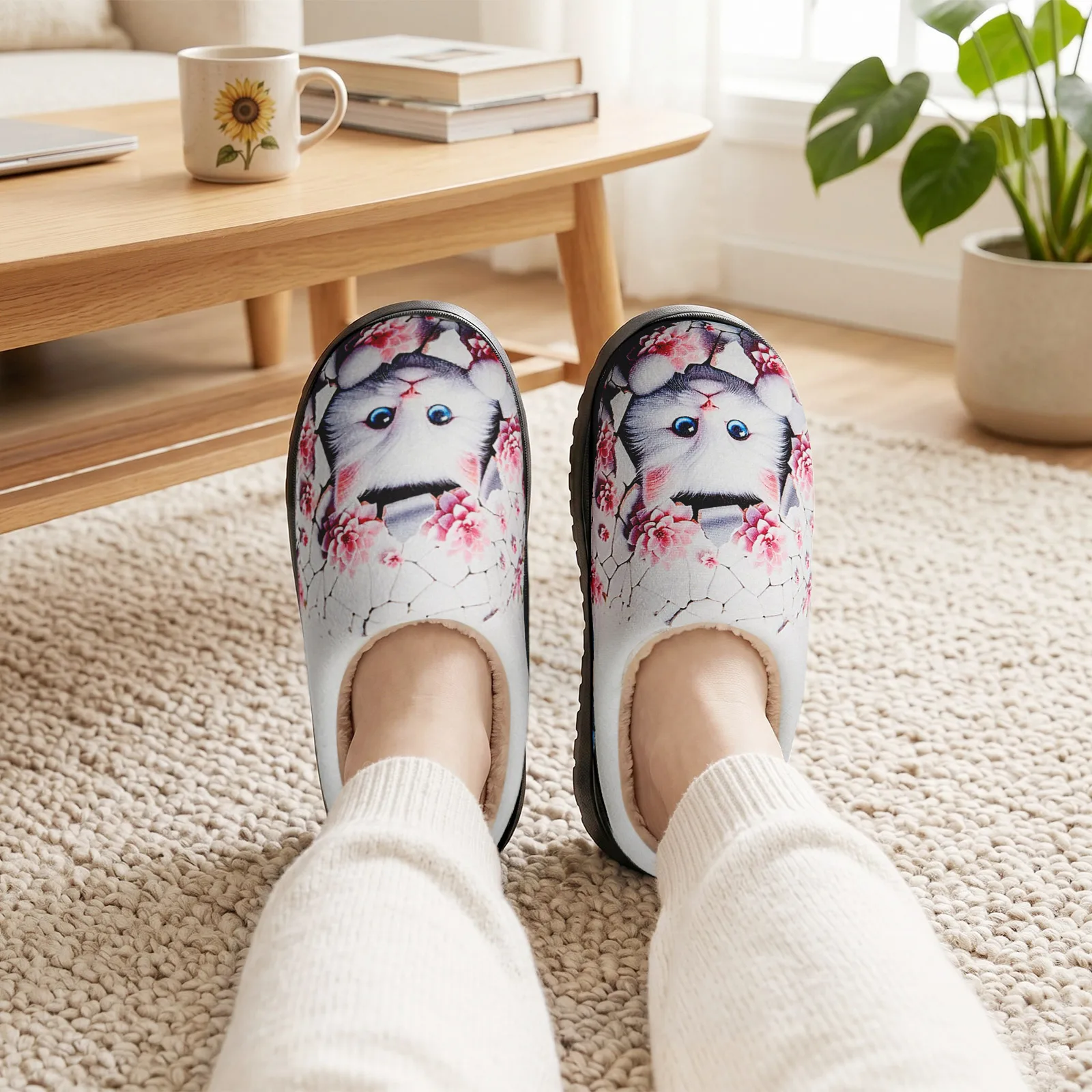 Women's Fuzzy House Slippers Memory Foam Cute Cat Floral Print White Warm Cozy Indoor Outdoor Slip On Non Slip Bedroom Shoes for