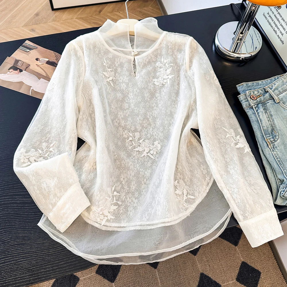

New Chinese Style Women's Shirt Embroidered Organza Lace Bright Sequins Stand Collar Sun Protection Loose Fit Long Sleeve
