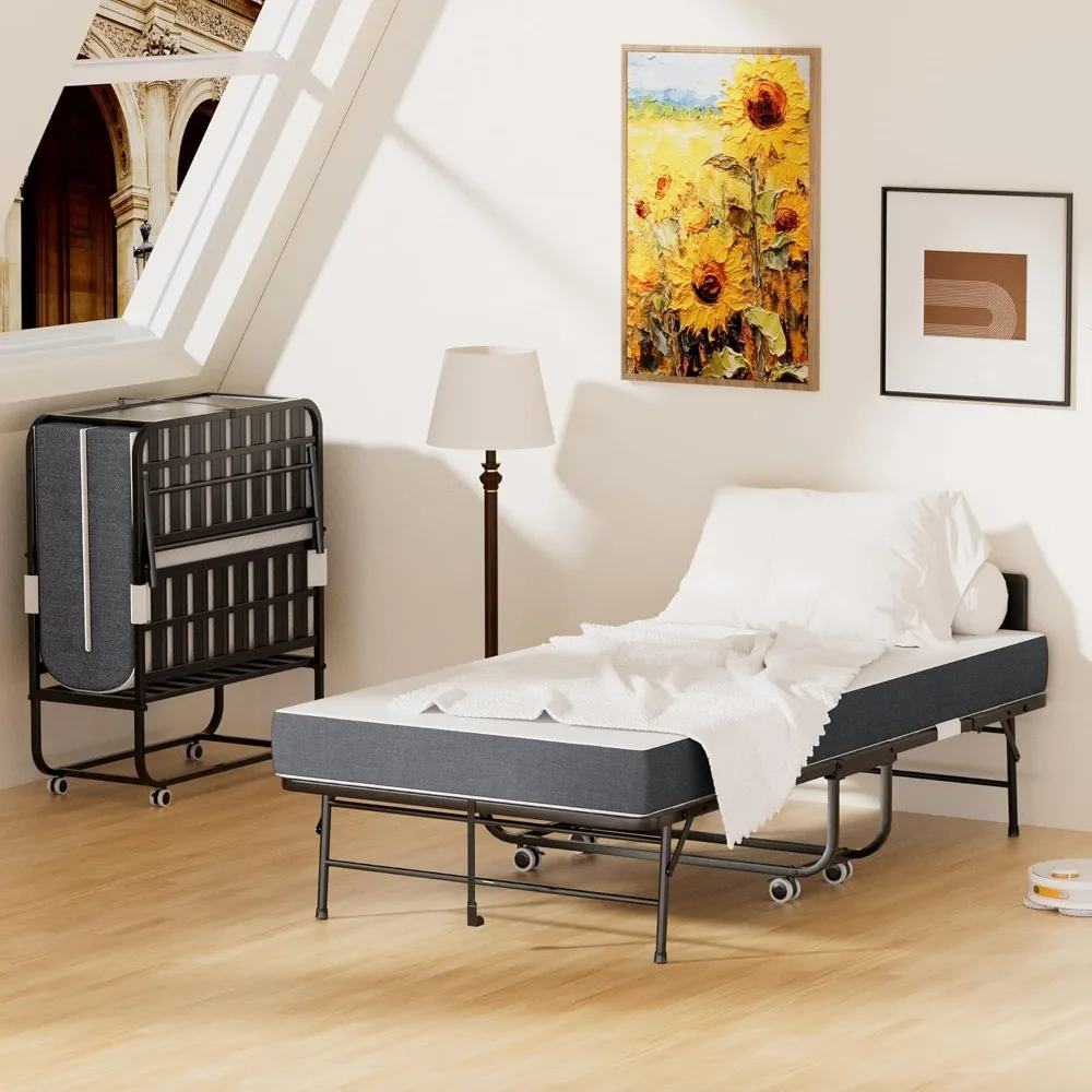 

Folding Bed with Adjustable Headboard, Roll Away Beds with Mattresses, 75x38 Portable Foldable Bed with 360-Degree Swivel Wheels