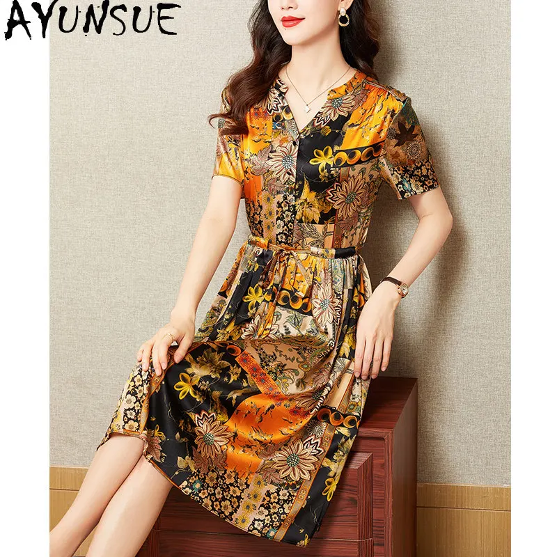 AYUNSUE 91.7% Mulberry Silk Long Dresses for Women Waist-cinched Summer Dress Women Slimming Printed Female Clothing 2026 원피스 여름