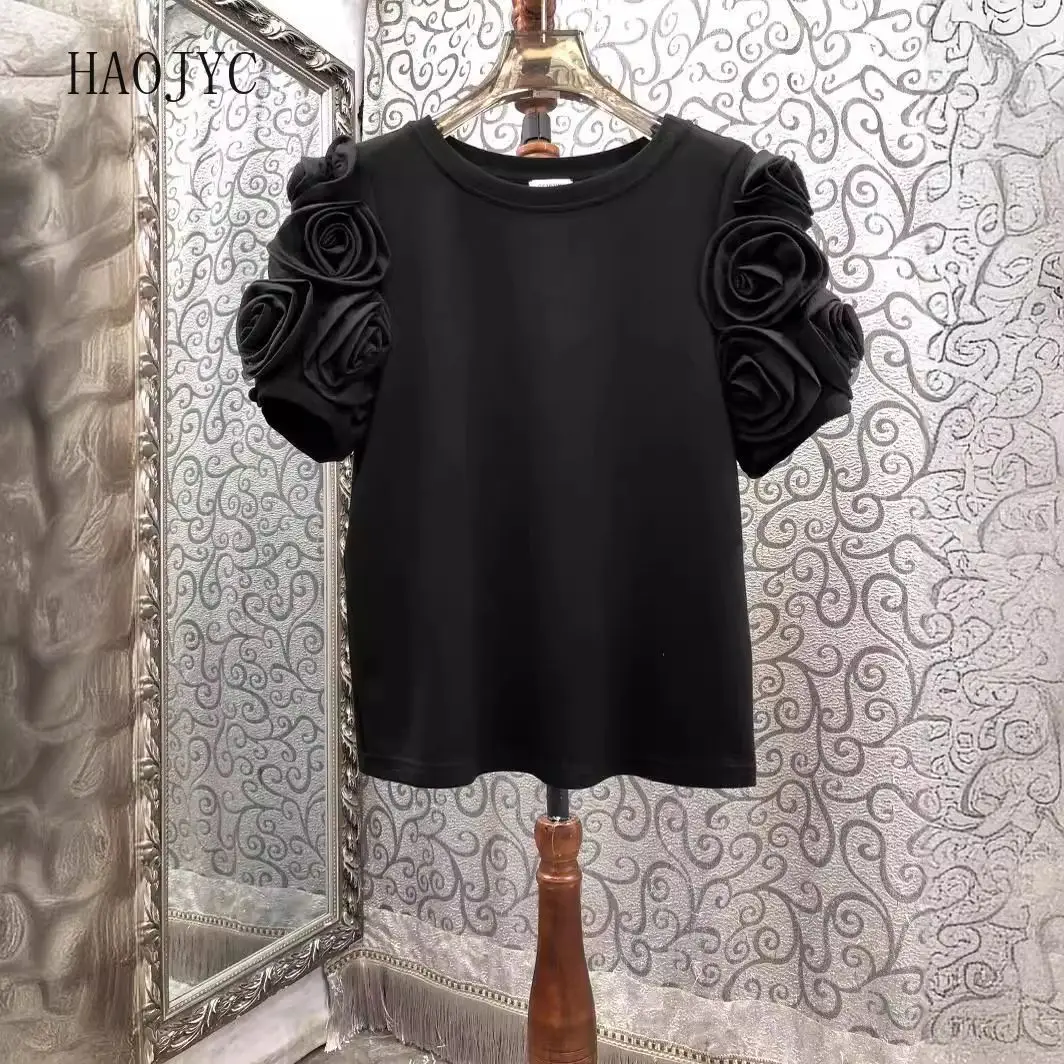 2025 summer new French  niche  crew neck top simple three-dimensional flower bubble sleeve t-shirt women