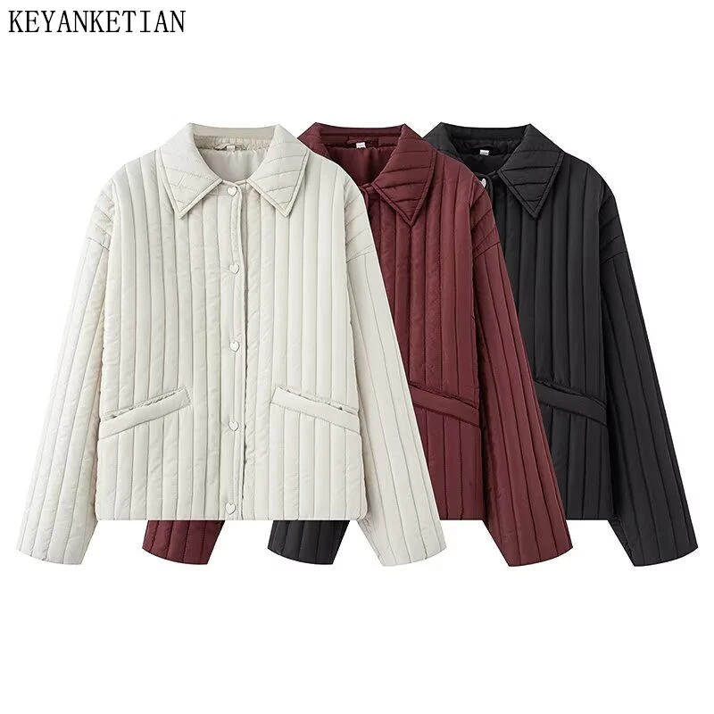 

KEYANKETIAN Winter New Women's Collar Pocket Decoration Long Sleeved Heart-shaped Button Quilted Cotton Jacket Women Short Coat