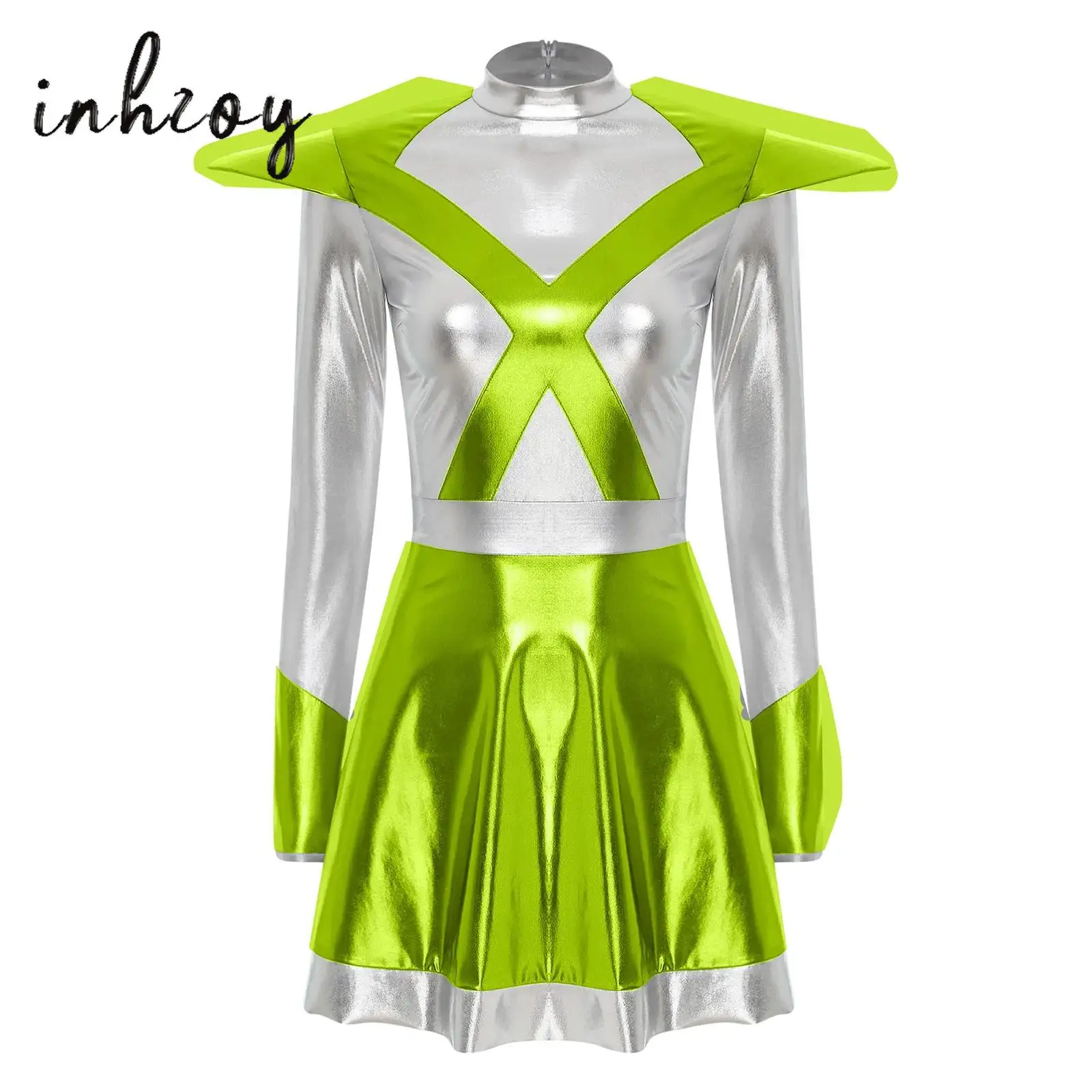 

Womens Alien Astronaut Dress Up Dress Long Sleeve Metallic Shiny Dress Space Warrior Cospplay Dress for Halloween Carnival Party