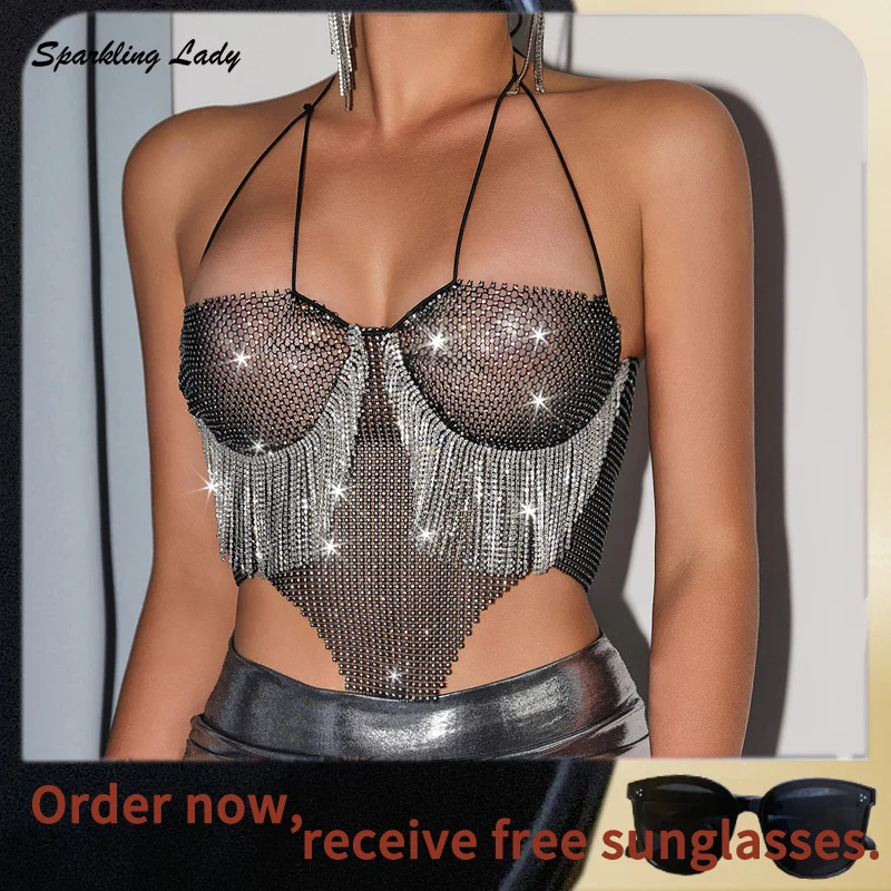 Sexy Fishnet Rhinestone Trimmed Mesh Halter Crop Top Tassel Fringe Adjustable Back Lace-Up Cross Straps for Party Clubwear