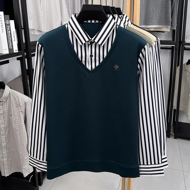 Mens Casual Fake Two Piece Sweater Shirt Striped Collar Long Sleeve V Neck Pullover For Business And Daily