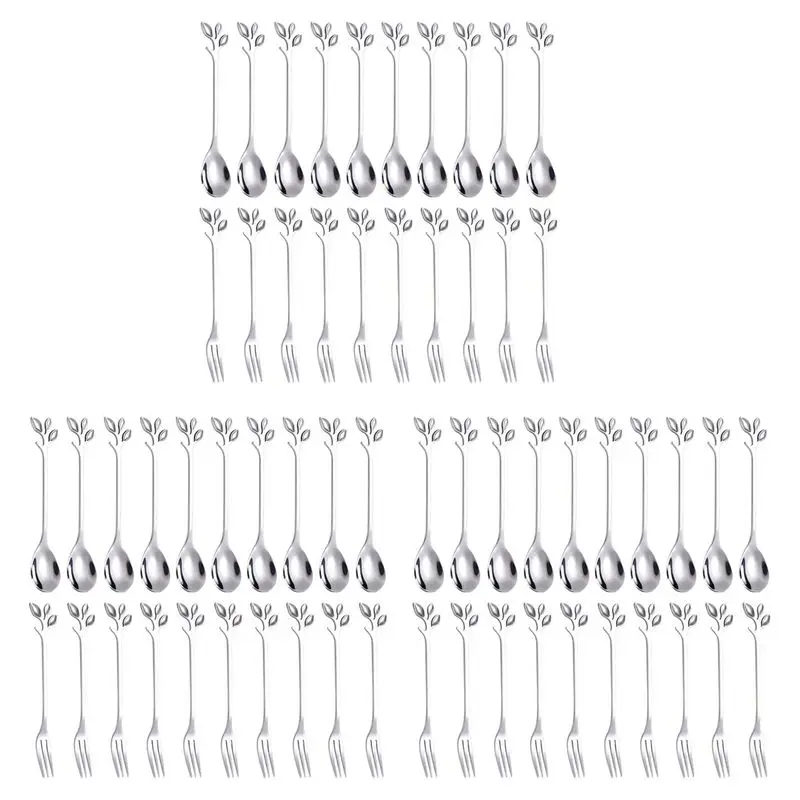 AB33-Dessert Spoon Fork Set,60 Pcs 4.7 Inch Cake Fork,Coffee Spoon,Creative Silver Leaf Fruit Fork,(30 Spoon + 30 Fork)