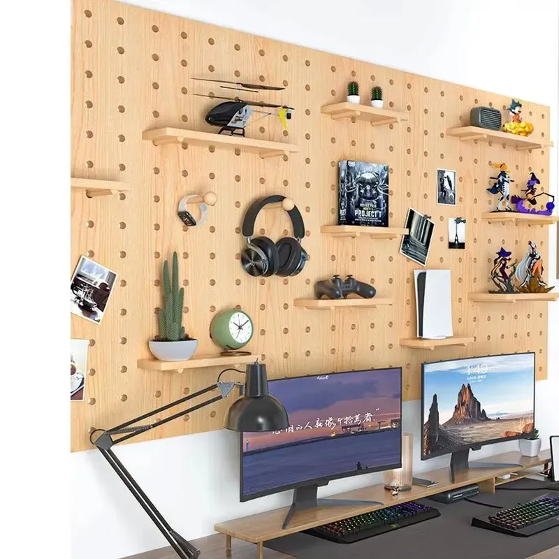 Solid Wood Pegboard Wall Storage Space Saving Modular Hooks Shelves Creative Organizer Home Garage Kitchen White 40x60cm