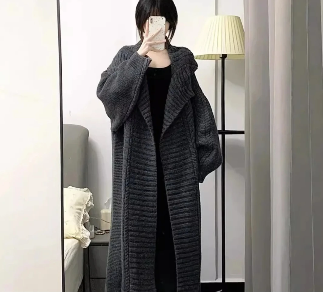 

Модное витое длинное осенне-зимнее свободное утолщенное вязаное пальто с лацканами, женский свитер, одежда