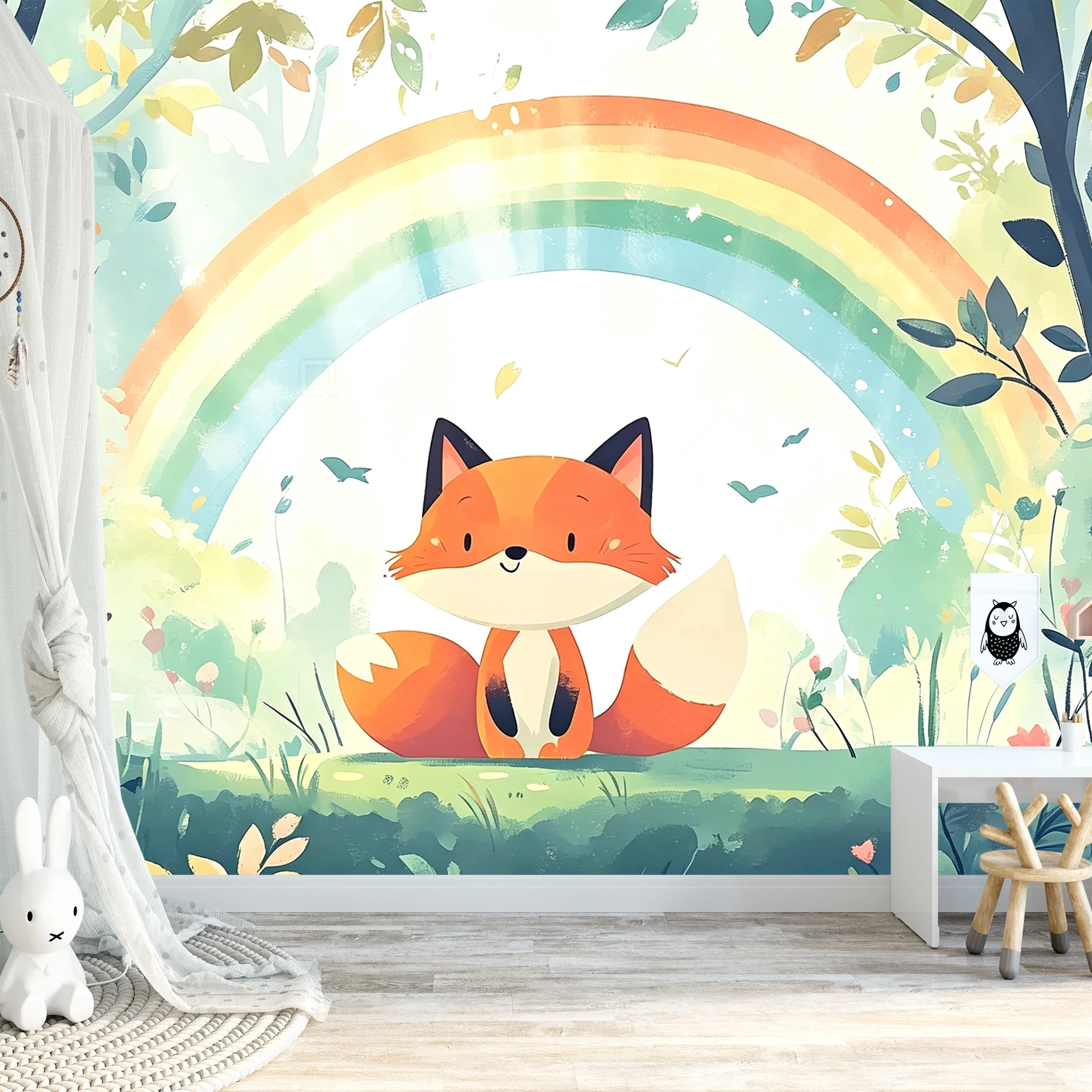 Milofi Cute Fox Rainbow Forest Wall Mural Watercolor Cartoon Animal Wallpaper for Kids Bedroom Nursery Home Wall Decor