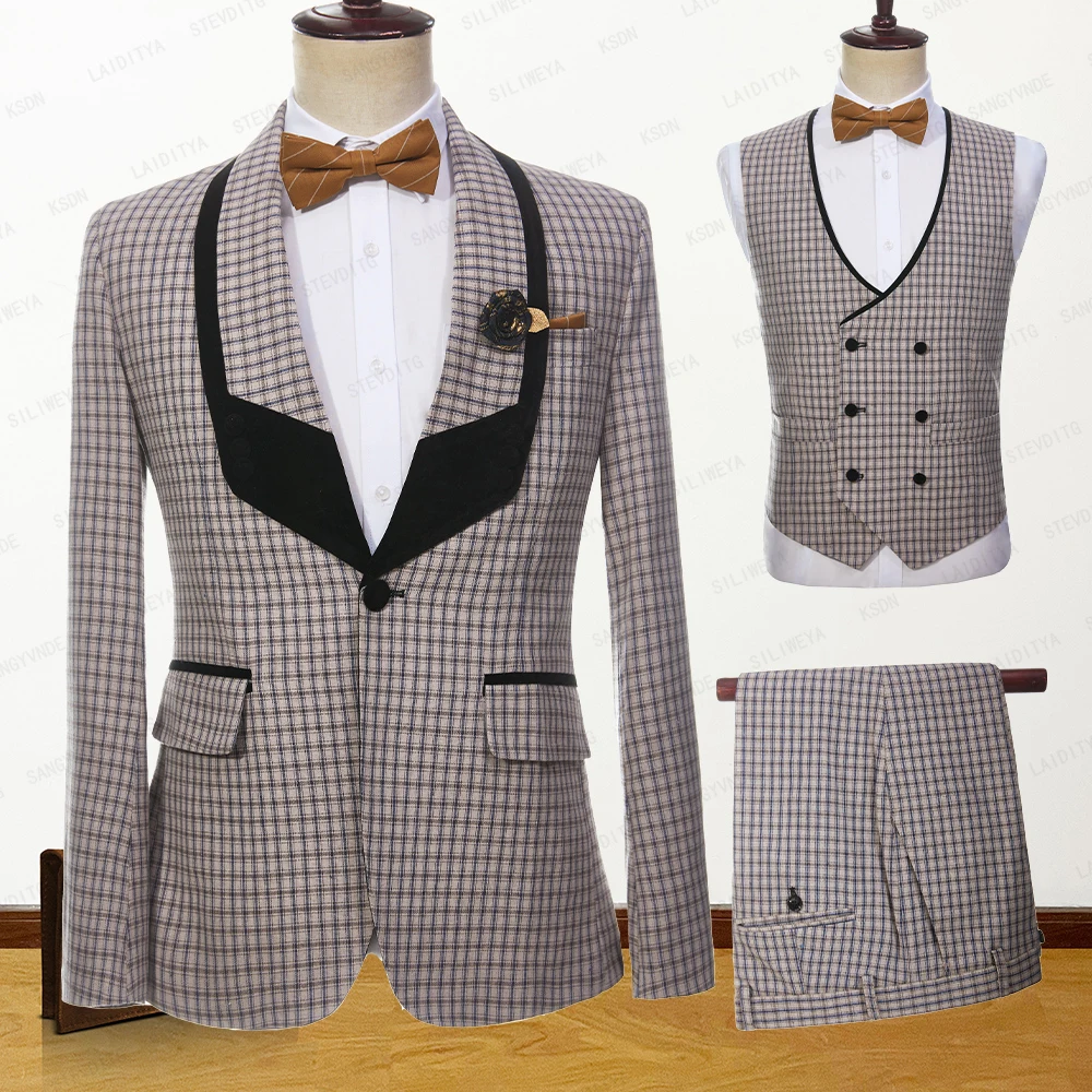 

2023 Latest Formal Fashion Men Linen Suits Khaki Reto Classic Plaid Black Lapel Groom Wedding Tuxedo 3 Pcs Set Jacket Vest Pants