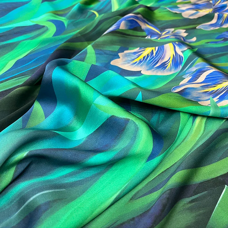 Brand Fashion Design Fabric Imitation Silk Satin Emerald Floral Dress Soft Draping Thin Cloth Diy Sewing Material Wholesale