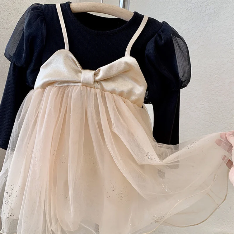Children's Clothing2025Autumn Girls Hepburn Style Puff Sleeve Princess Dress Little Girl Stylish Fake Two-Piece Dress Baby