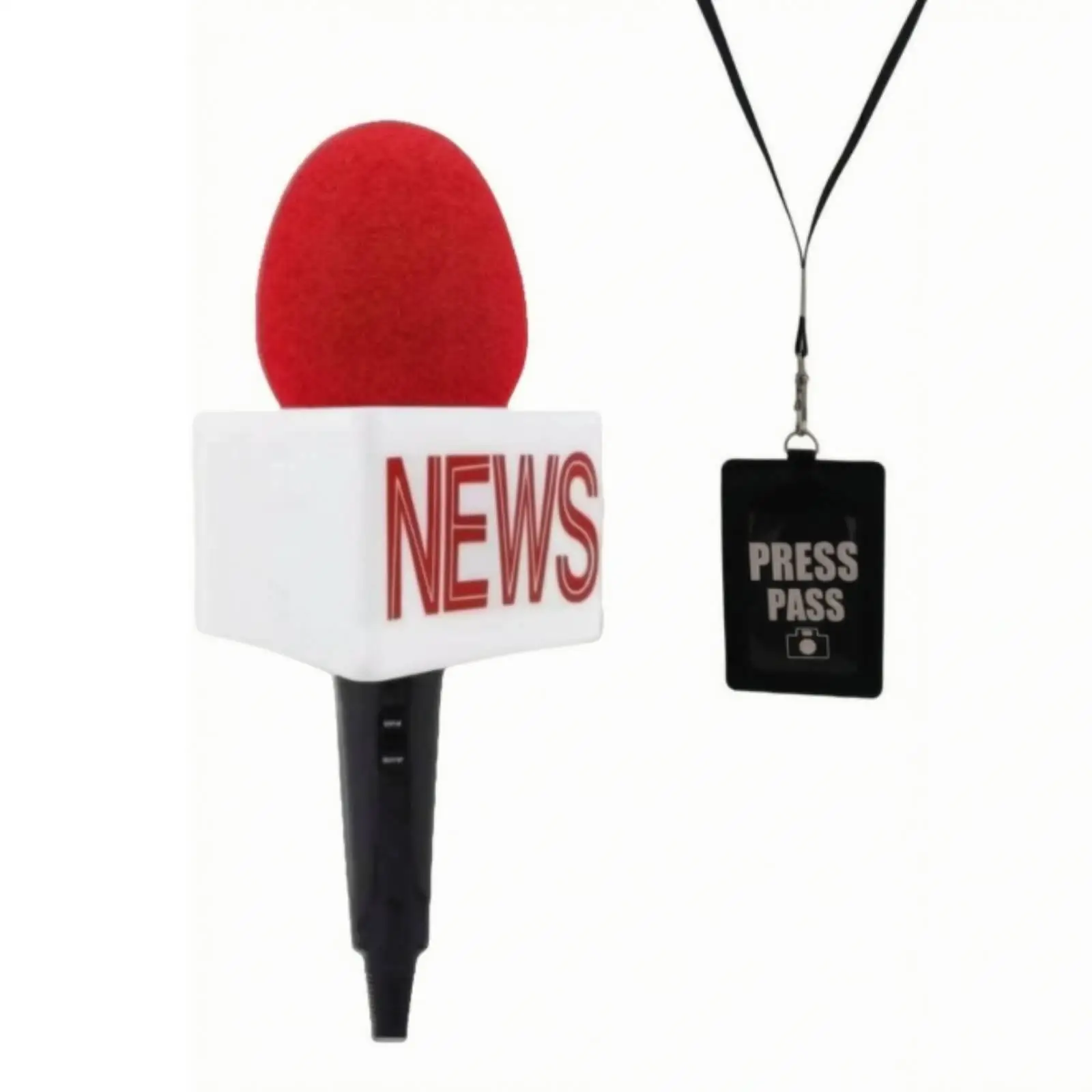 Plastic News Reporter Costume Set with White NEWS Flag Tube and Black White Media Pass for Halloween School Play Dress Up