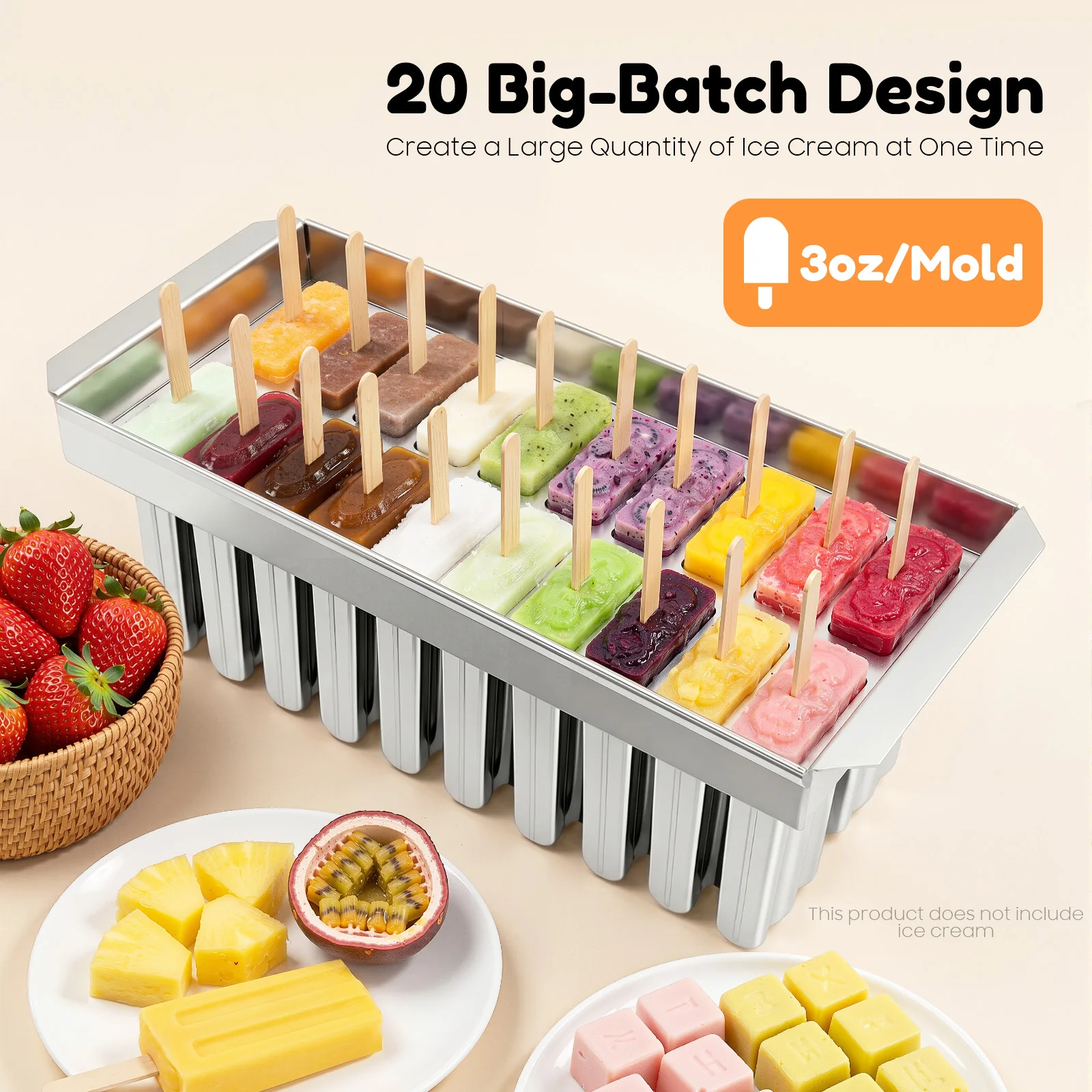 20-Cavity Stainless Steel Ice Cream Mold – Food-Grade – 3oz Each – Rapid Freezing – Easy Release – Leak-Proof Lid – 100 Sticks & 20 Bags – 12.8