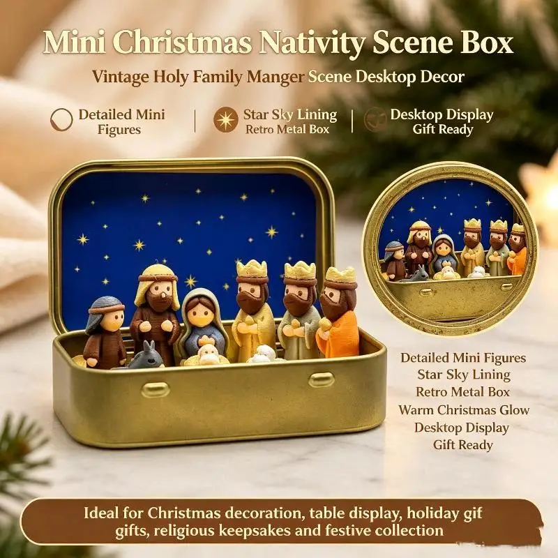 Mini Christmas Nativity Set In Tin Box Cute 3D Printed Figures Manger Set Iron Box For Christmas Home Decoration Holiday Gifts
