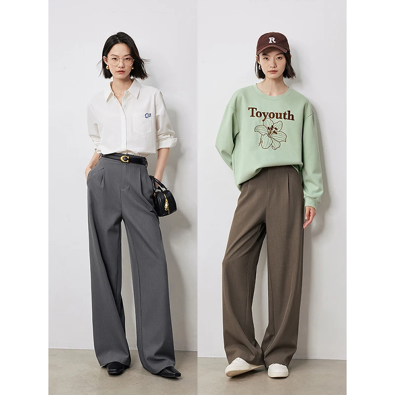 TOYOUTH Women Casual Pants 2024 Autumn New Maillard Style High Waist Towing Stright Wide Leg Trousers