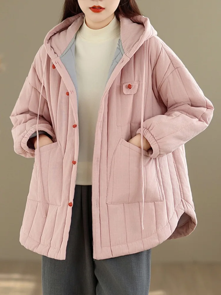 

Утепленная хлопковая куртка свободного кроя для женщин, зимнее пальто с капюшоном, с художественным розовым узором, большие размеры, теплая верхняя одежда