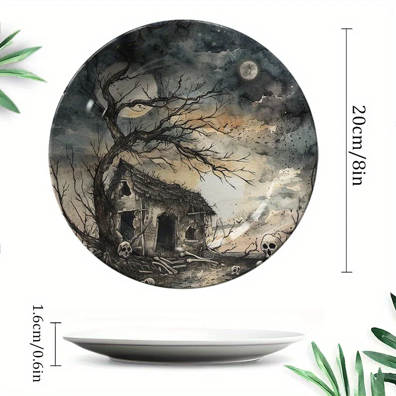 1pc Hand-Painted Vintage Ceramic Decorative Plate - Artistic House, Tree, Skull Design, Non-Food Contact Home Wall & Tabletop
