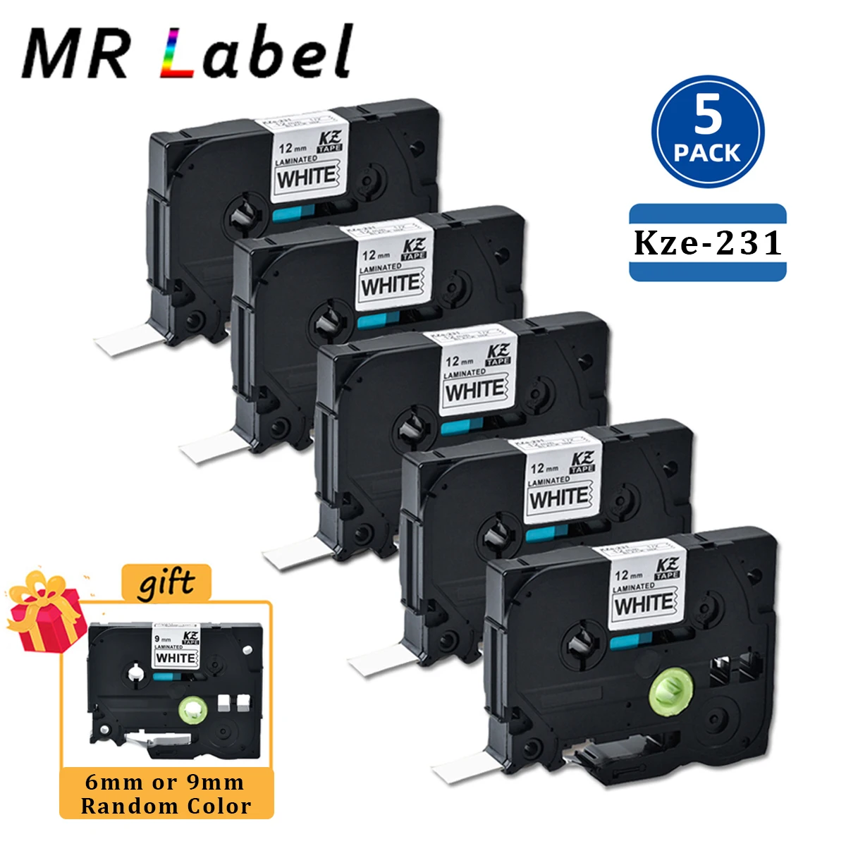 5PK Compatible for Brother Label Tape 12mm 0.47 TZe231 TZ-231 Black on White Laminated Label Printer Tape for PTH110 PTD210